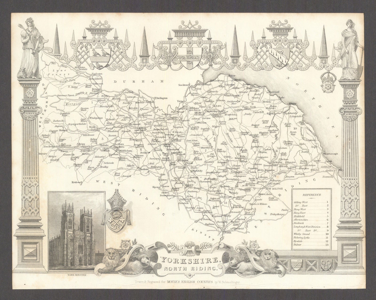 Yorkshire North Riding antique county map by Thomas Moule 1837 old